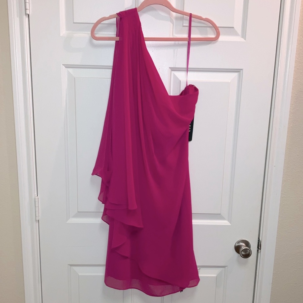 NWT Lauren by Ralph Lauren Women's Londie One-Shoulder Fuschia Dress Size 14 - Picture 10 of 12